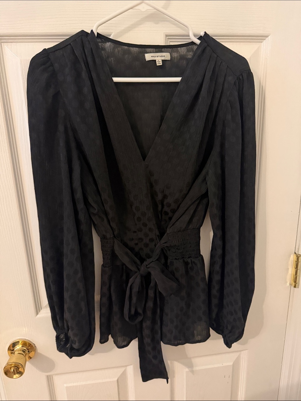 Max Studio Black Polka Dot Wrap Top